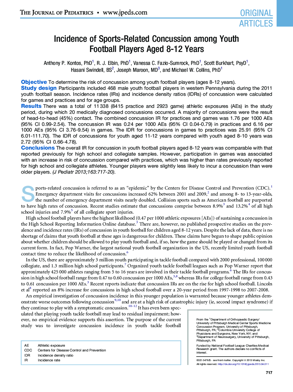 Incidence of Sports-Related Concussion among Youth Football Players Aged 8-12 Years