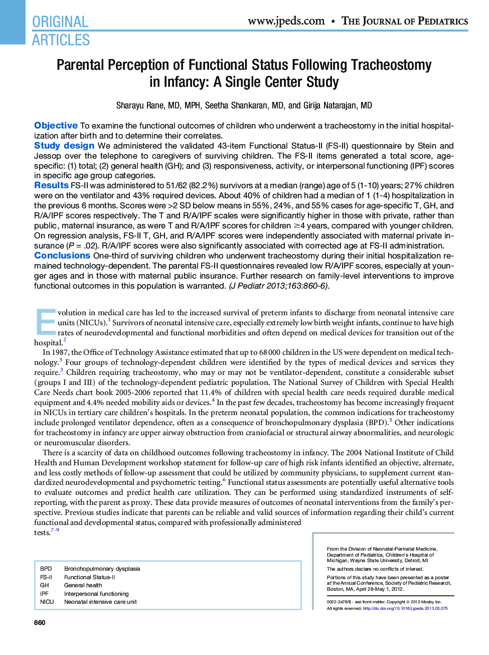 Parental Perception of Functional Status Following Tracheostomy in Infancy: A Single Center Study