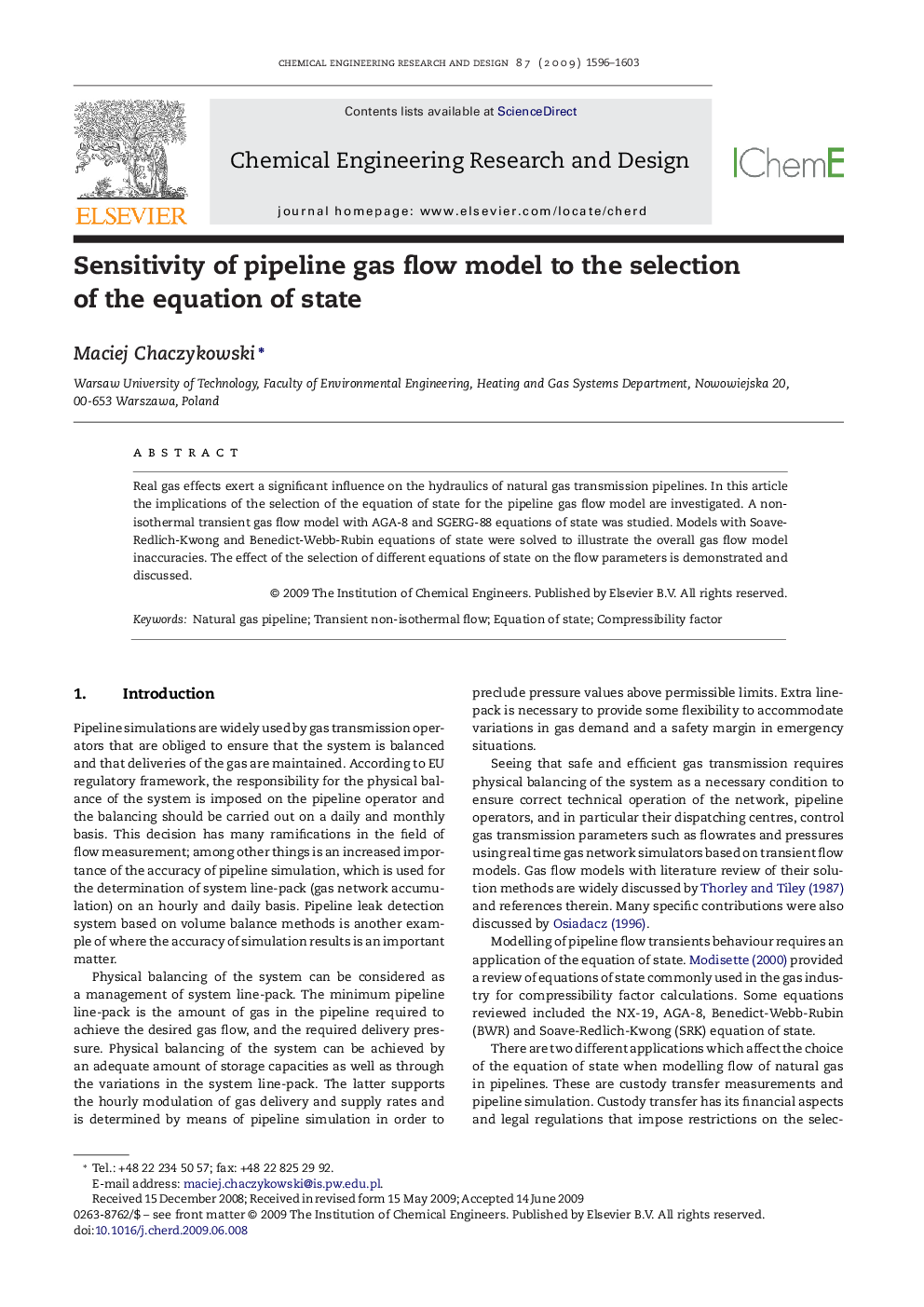 Sensitivity of pipeline gas flow model to the selection of the equation of state