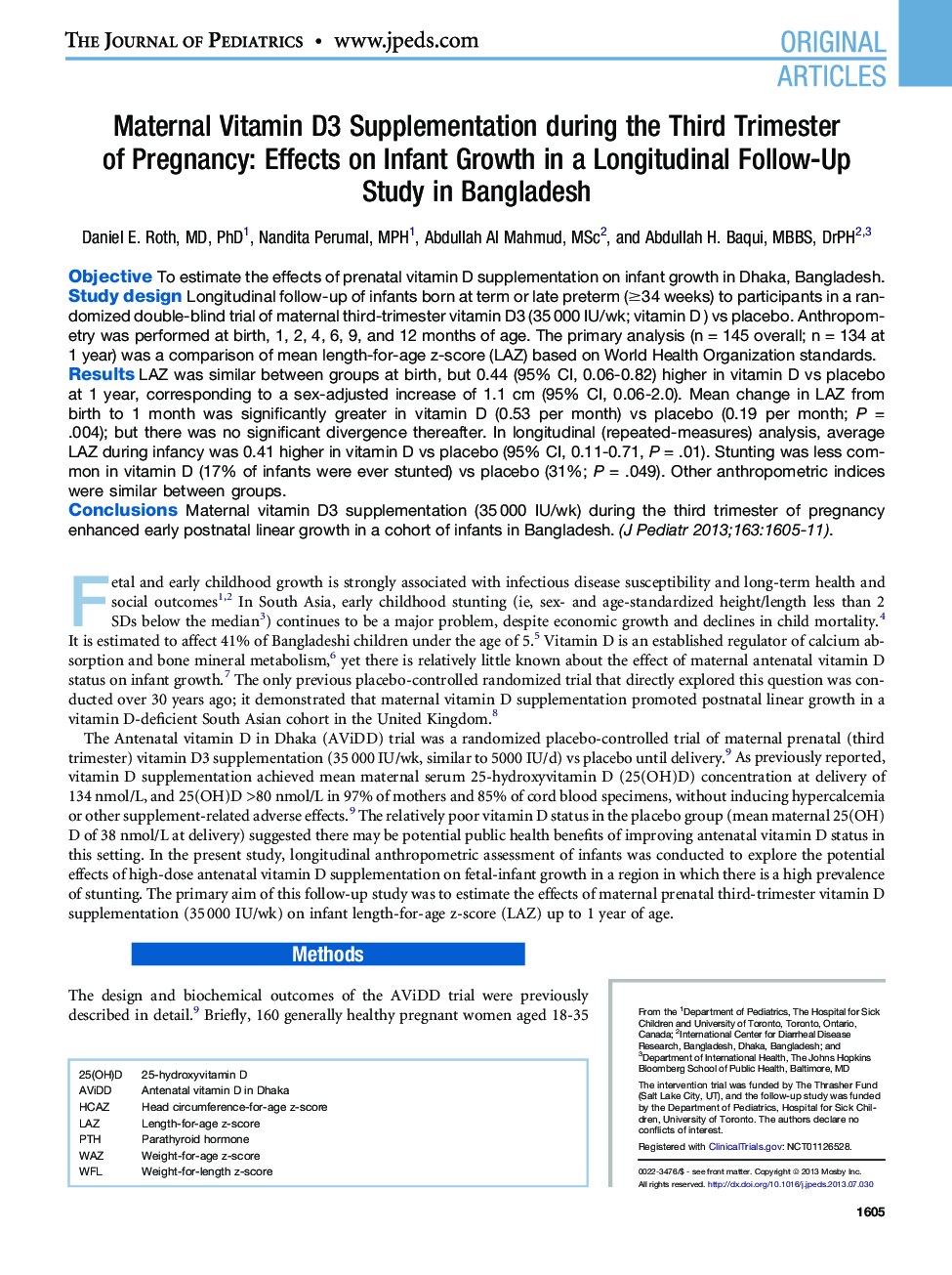 عکس صفحه اول مقاله: Maternal Vitamin D3 Supplementation during the Third Trimester of Pregnancy: Effects on Infant Growth in a Longitudinal Follow-Up Study in Bangladesh Maternal Vitamin D3 Supplementation during the Third Trimester of Pregnancy: Effects on Infant Growth in a Longitudinal Follow-Up Study in Bangladesh
