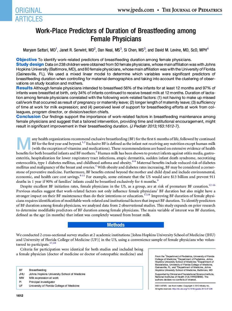 Work-Place Predictors of Duration of Breastfeeding among Female Physicians