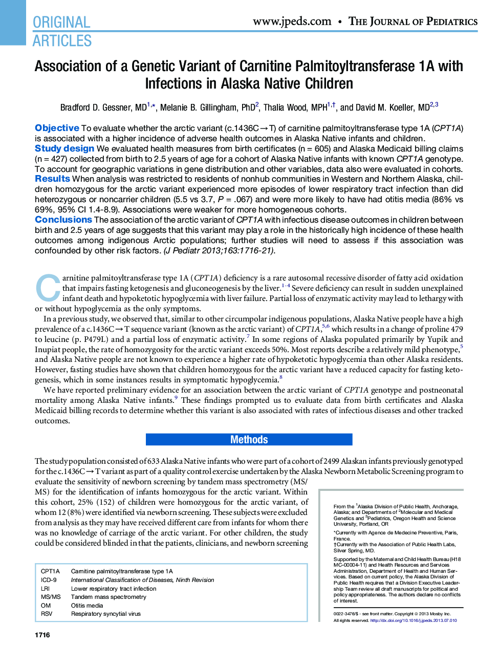 Association of a Genetic Variant of Carnitine Palmitoyltransferase 1A with Infections in Alaska Native Children