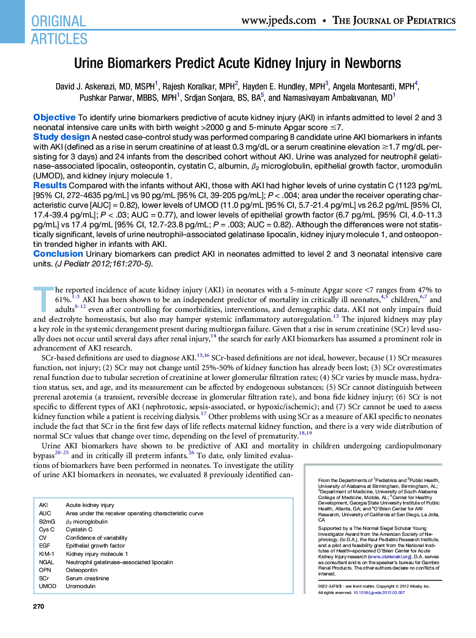 Urine Biomarkers Predict Acute Kidney Injury in Newborns