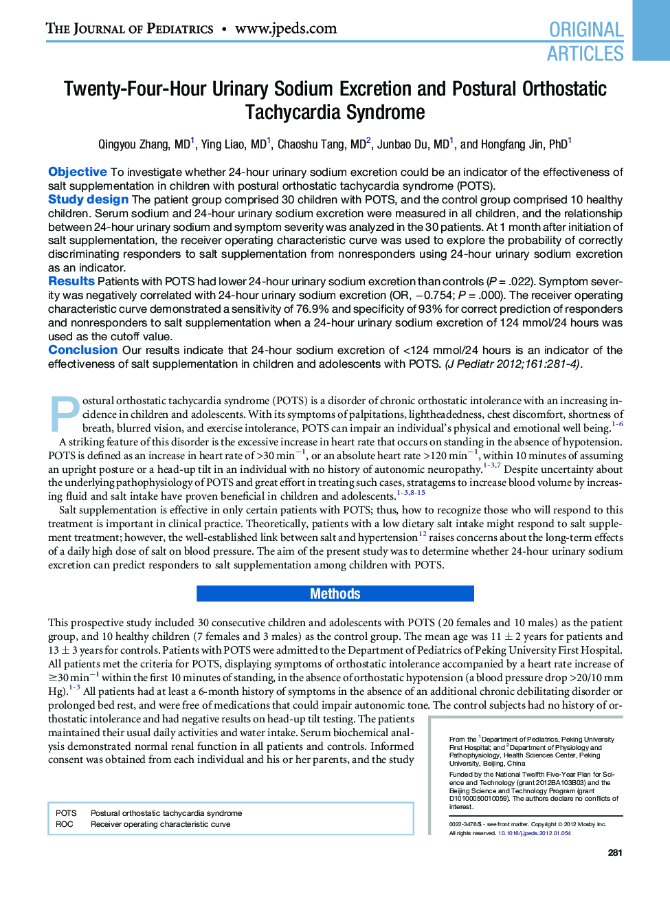 Twenty-Four-Hour Urinary Sodium Excretion and Postural Orthostatic Tachycardia Syndrome