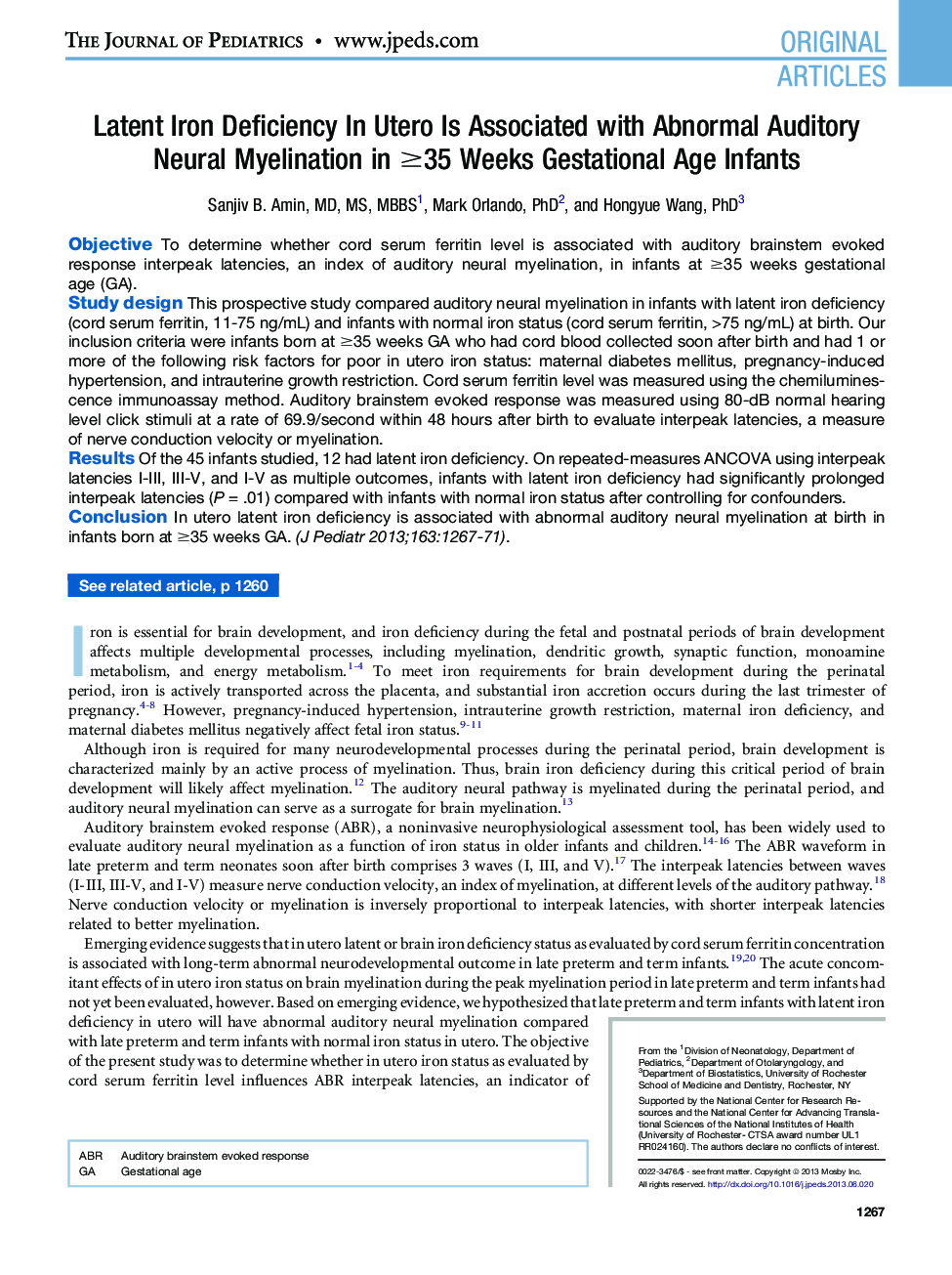 Latent Iron Deficiency In Utero Is Associated with Abnormal Auditory Neural Myelination in â¥35 Weeks Gestational Age Infants