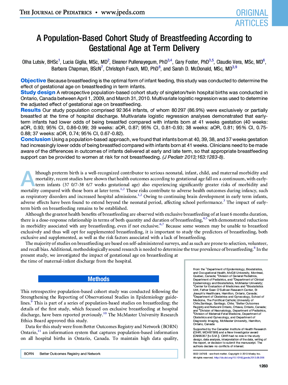 A Population-Based Cohort Study of Breastfeeding According to Gestational Age at Term Delivery