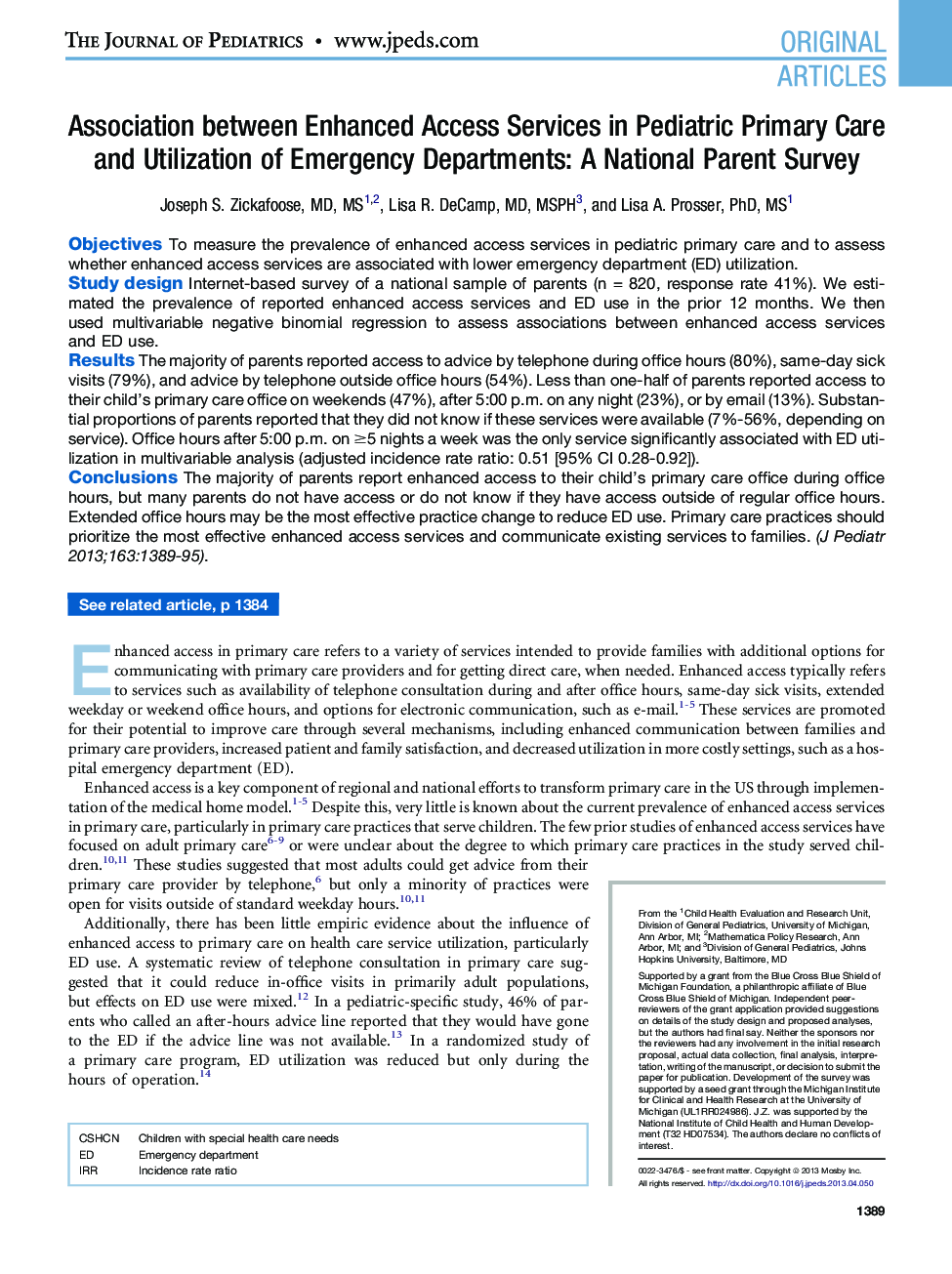 Association between Enhanced Access Services in Pediatric Primary Care and Utilization of Emergency Departments: A National Parent Survey