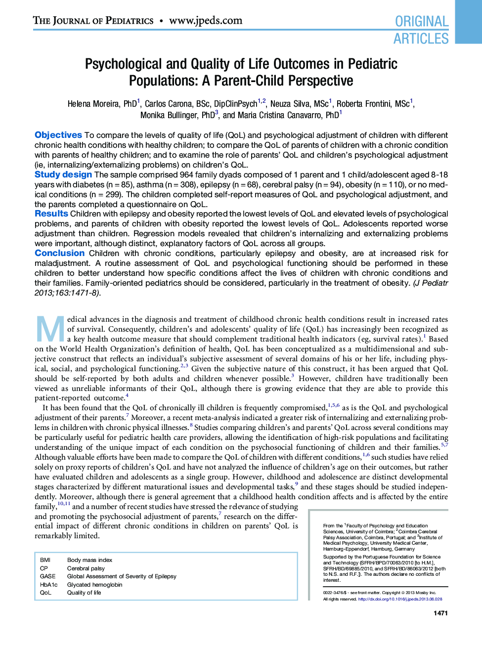 Psychological and Quality of Life Outcomes in Pediatric Populations: A Parent-Child Perspective