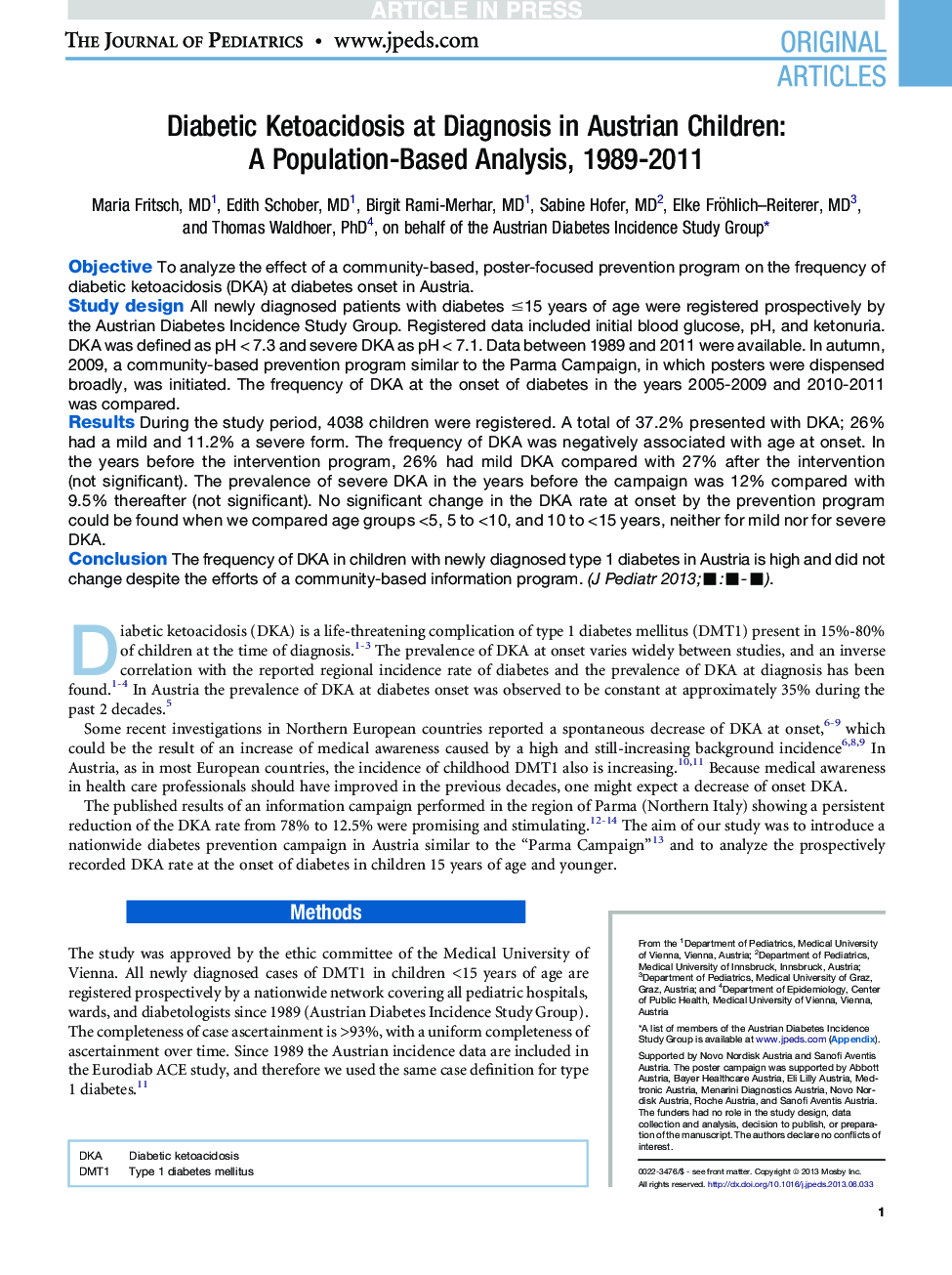 Diabetic Ketoacidosis at Diagnosis in Austrian Children: A Population-Based Analysis, 1989-2011