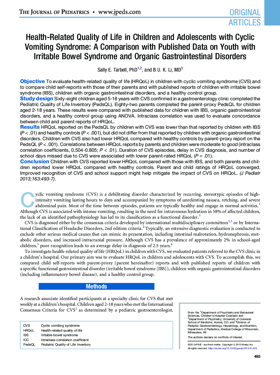 Health-Related Quality of Life in Children and Adolescents with Cyclic Vomiting Syndrome: A Comparison with Published Data on Youth with Irritable Bowel Syndrome and Organic Gastrointestinal Disorders