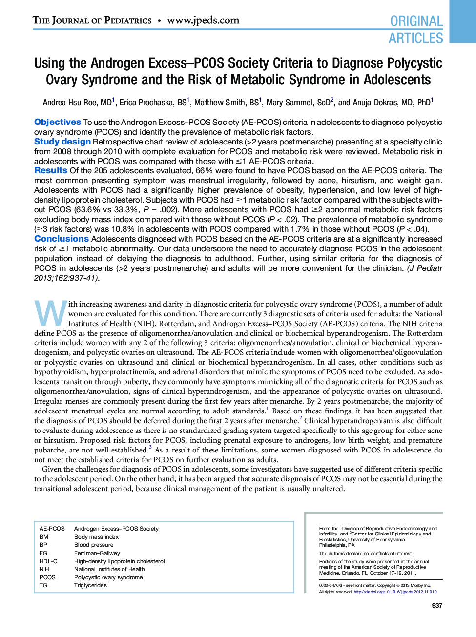 Using the Androgen Excess-PCOS Society Criteria to Diagnose Polycystic Ovary Syndrome and the Risk of Metabolic Syndrome in Adolescents