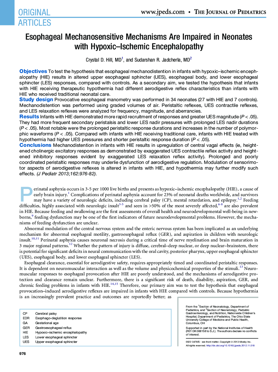 Esophageal Mechanosensitive Mechanisms Are Impaired in Neonates with Hypoxic-Ischemic Encephalopathy