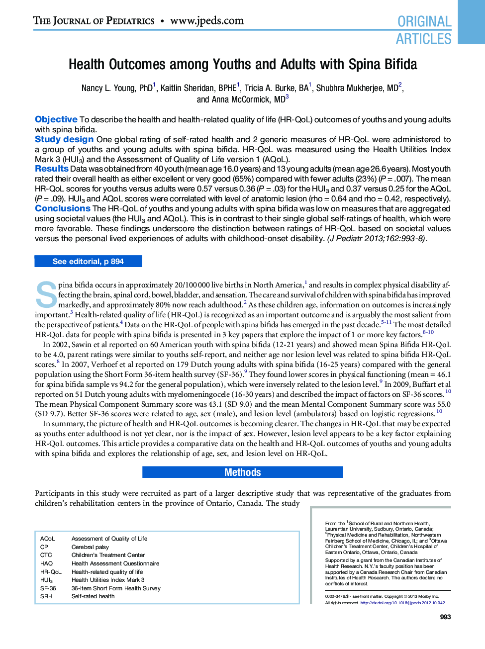 Health Outcomes among Youths and Adults with Spina Bifida