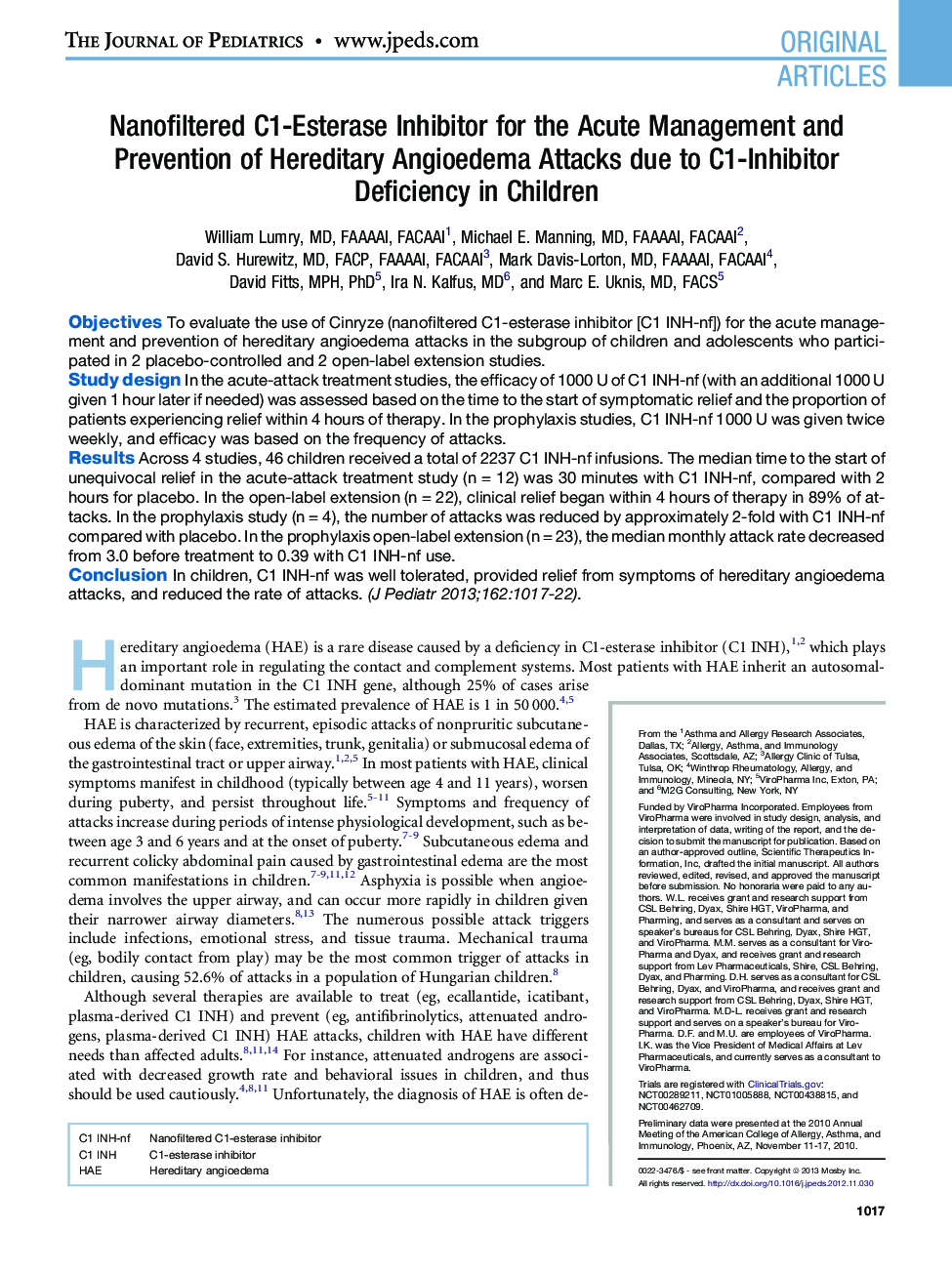 Nanofiltered C1-Esterase Inhibitor for the Acute Management and Prevention of Hereditary Angioedema Attacks due to C1-Inhibitor Deficiency in Children