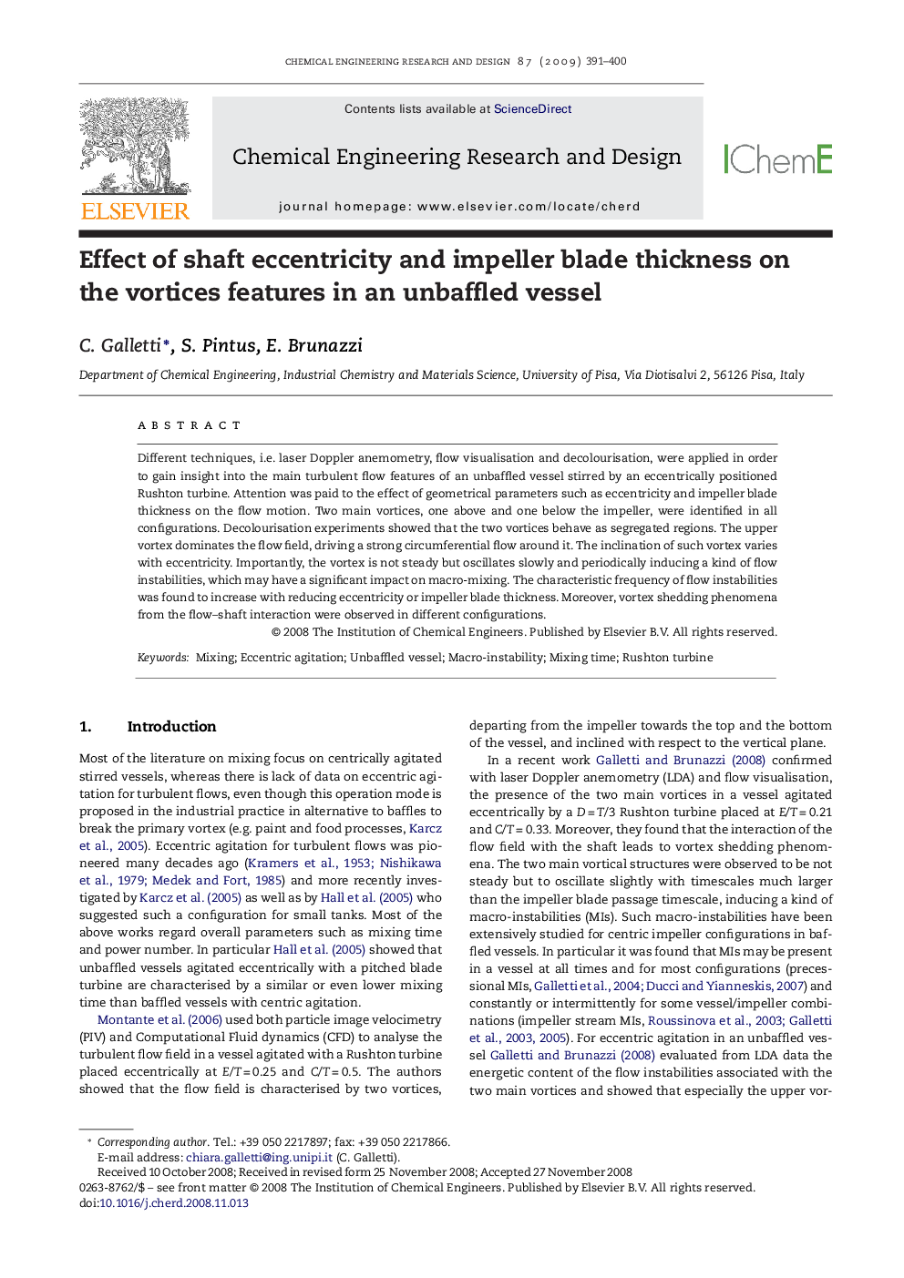 Effect of shaft eccentricity and impeller blade thickness on the vortices features in an unbaffled vessel