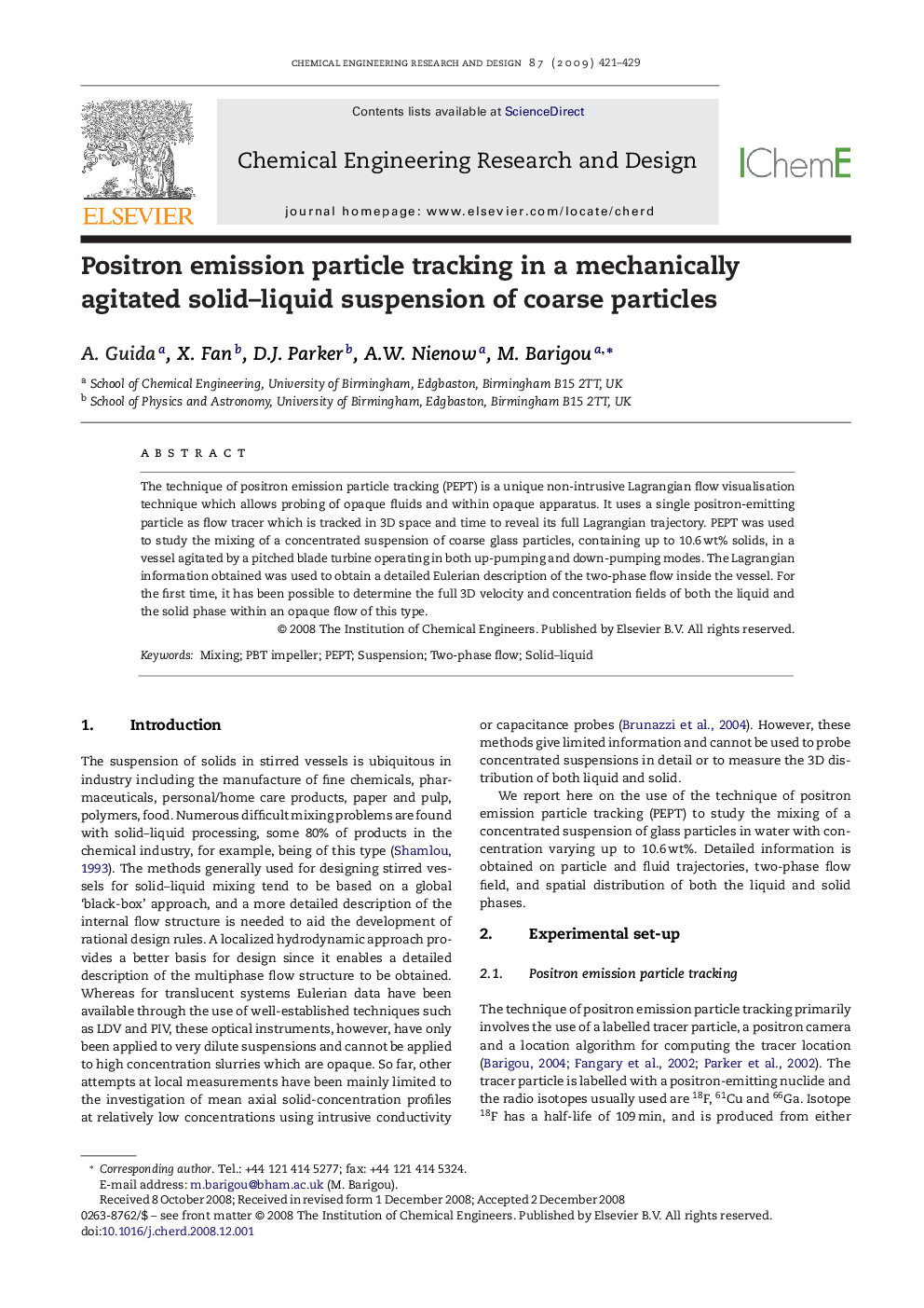 عکس صفحه اول مقاله: Positron emission particle tracking in a mechanically agitated solid-liquid suspension of coarse particles Positron emission particle tracking in a mechanically agitated solid-liquid suspension of coarse particles