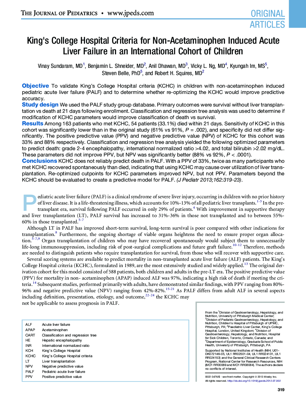 King's College Hospital Criteria for Non-Acetaminophen Induced Acute Liver Failure in an International Cohort of Children