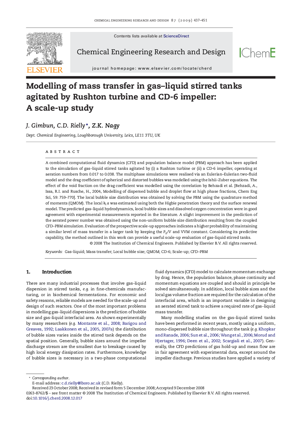 Modelling of mass transfer in gas–liquid stirred tanks agitated by Rushton turbine and CD-6 impeller: A scale-up study