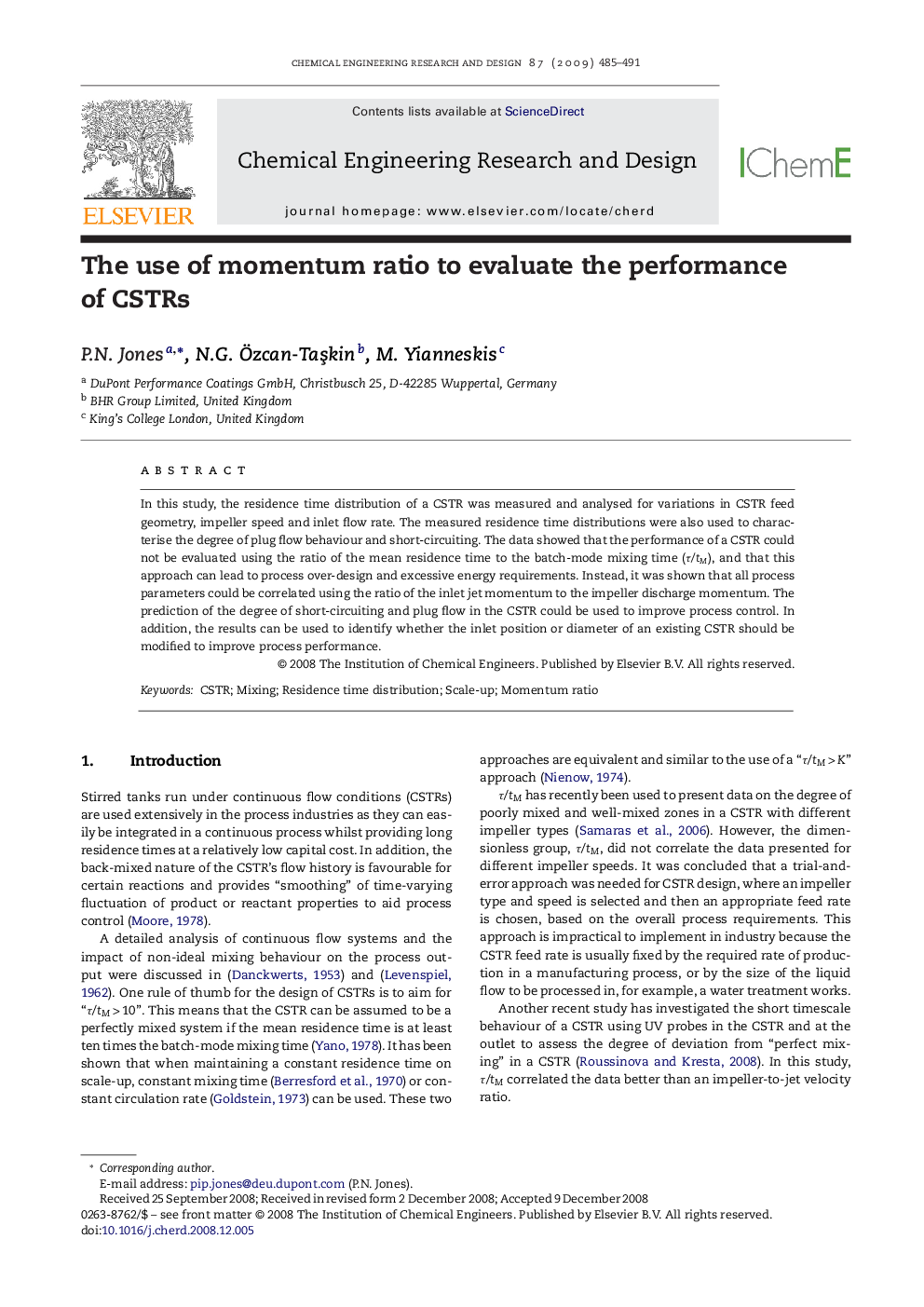 The use of momentum ratio to evaluate the performance of CSTRs