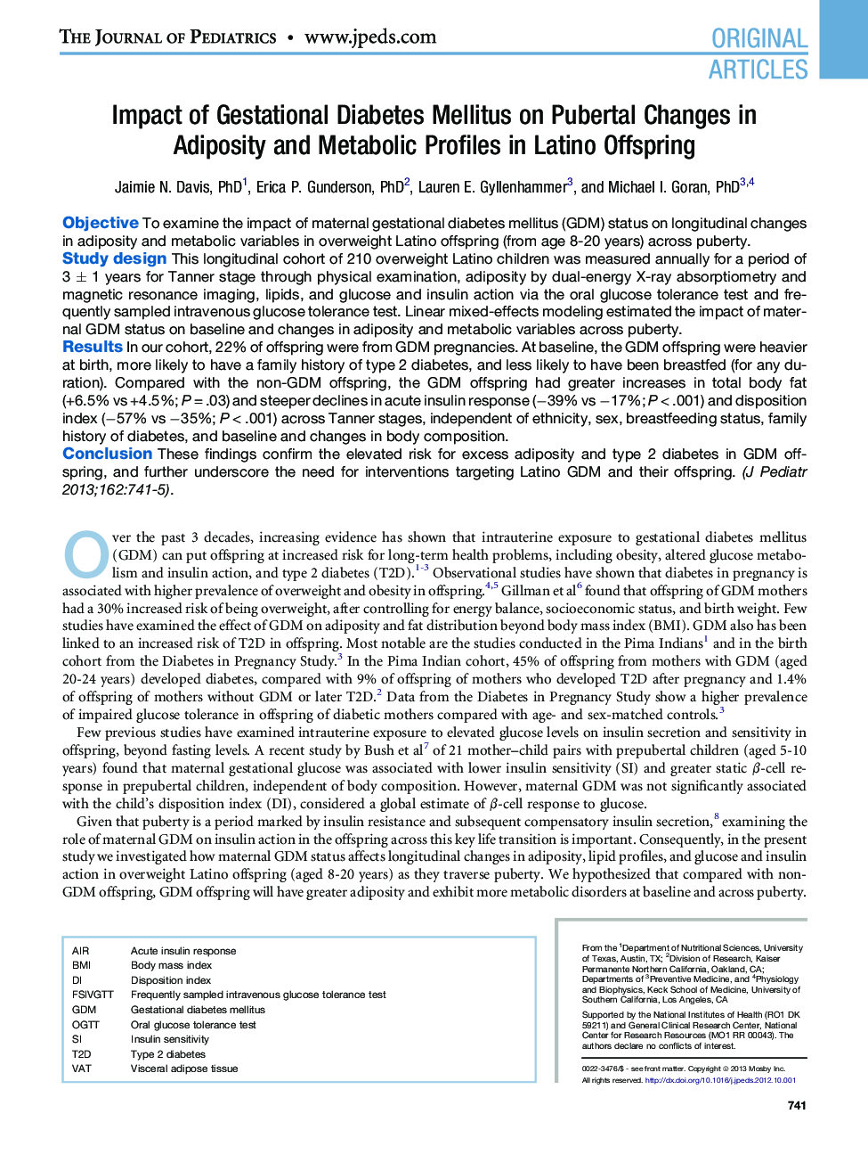 Impact of Gestational Diabetes Mellitus on Pubertal Changes in Adiposity and Metabolic Profiles in Latino Offspring