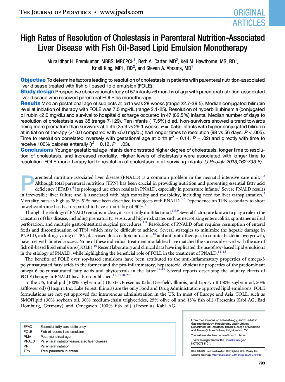 High Rates of Resolution of Cholestasis in Parenteral Nutrition-Associated Liver Disease with Fish Oil-Based Lipid Emulsion Monotherapy