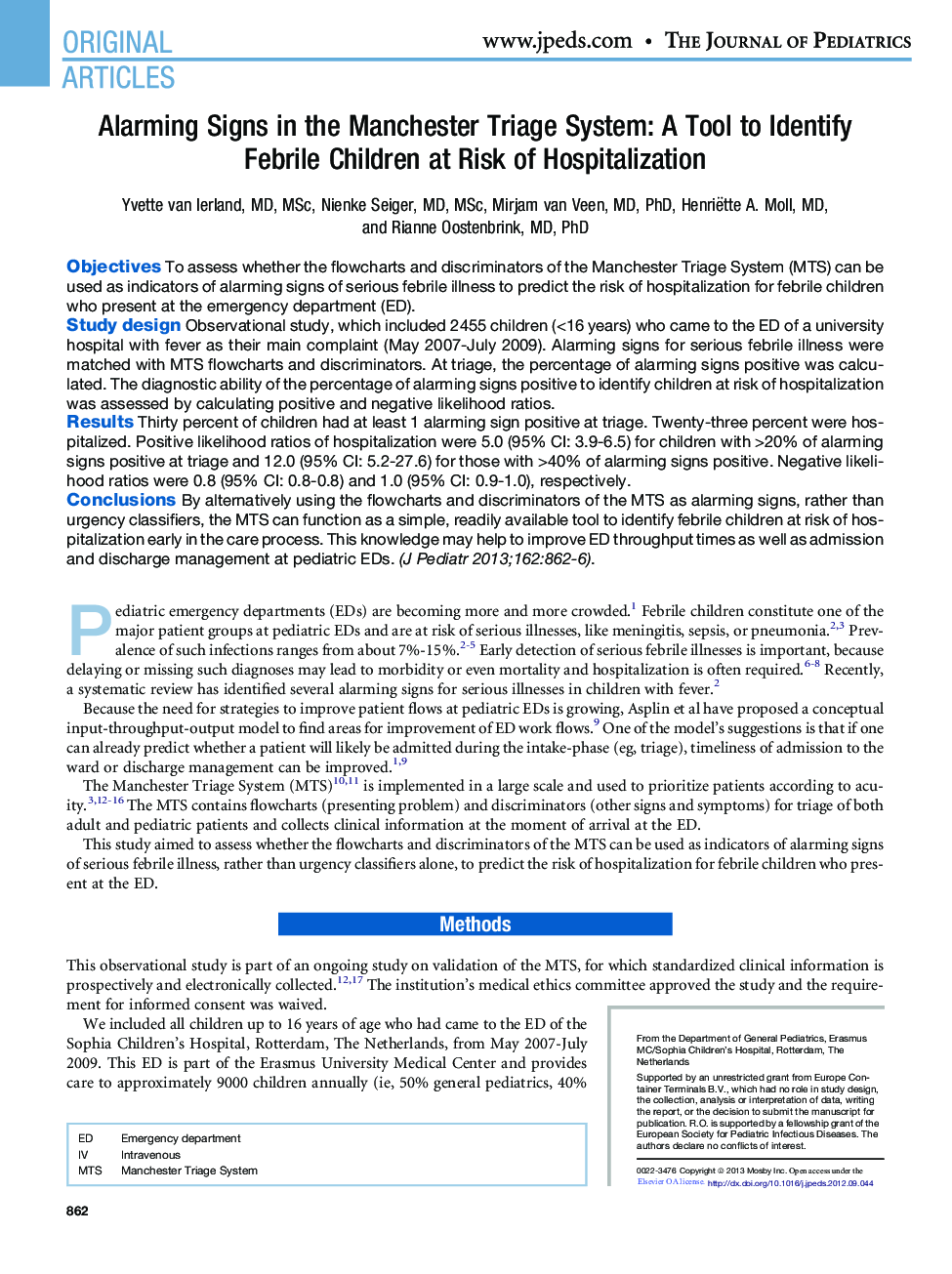 Alarming Signs in the Manchester Triage System: A Tool to Identify Febrile Children at Risk of Hospitalization