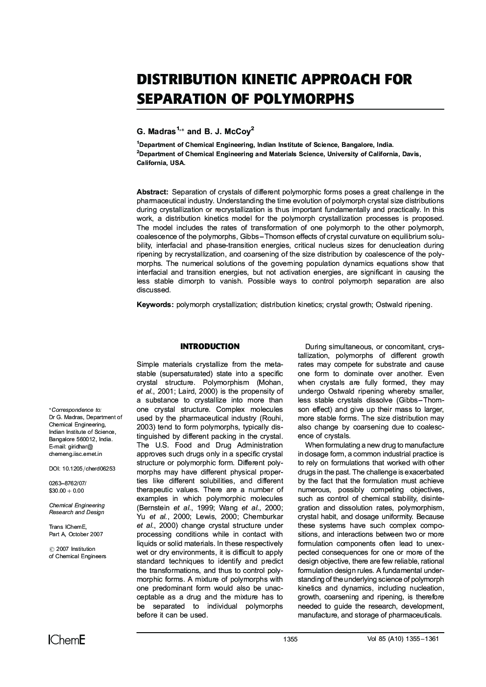 Distribution Kinetic Approach for Separation of Polymorphs