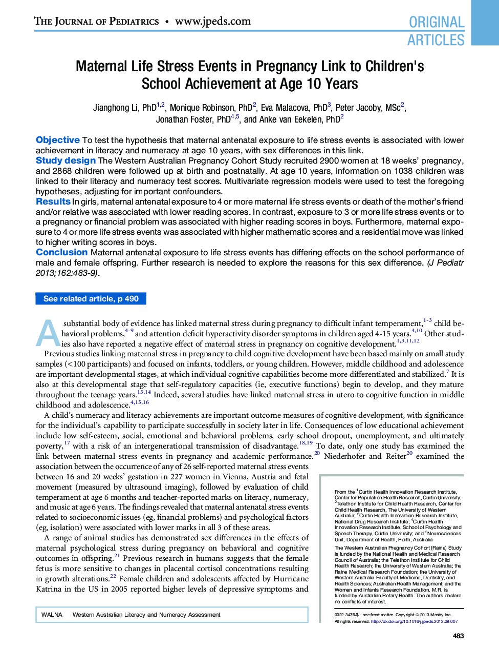 Maternal Life Stress Events in Pregnancy Link to Children's School Achievement at Age 10 Years