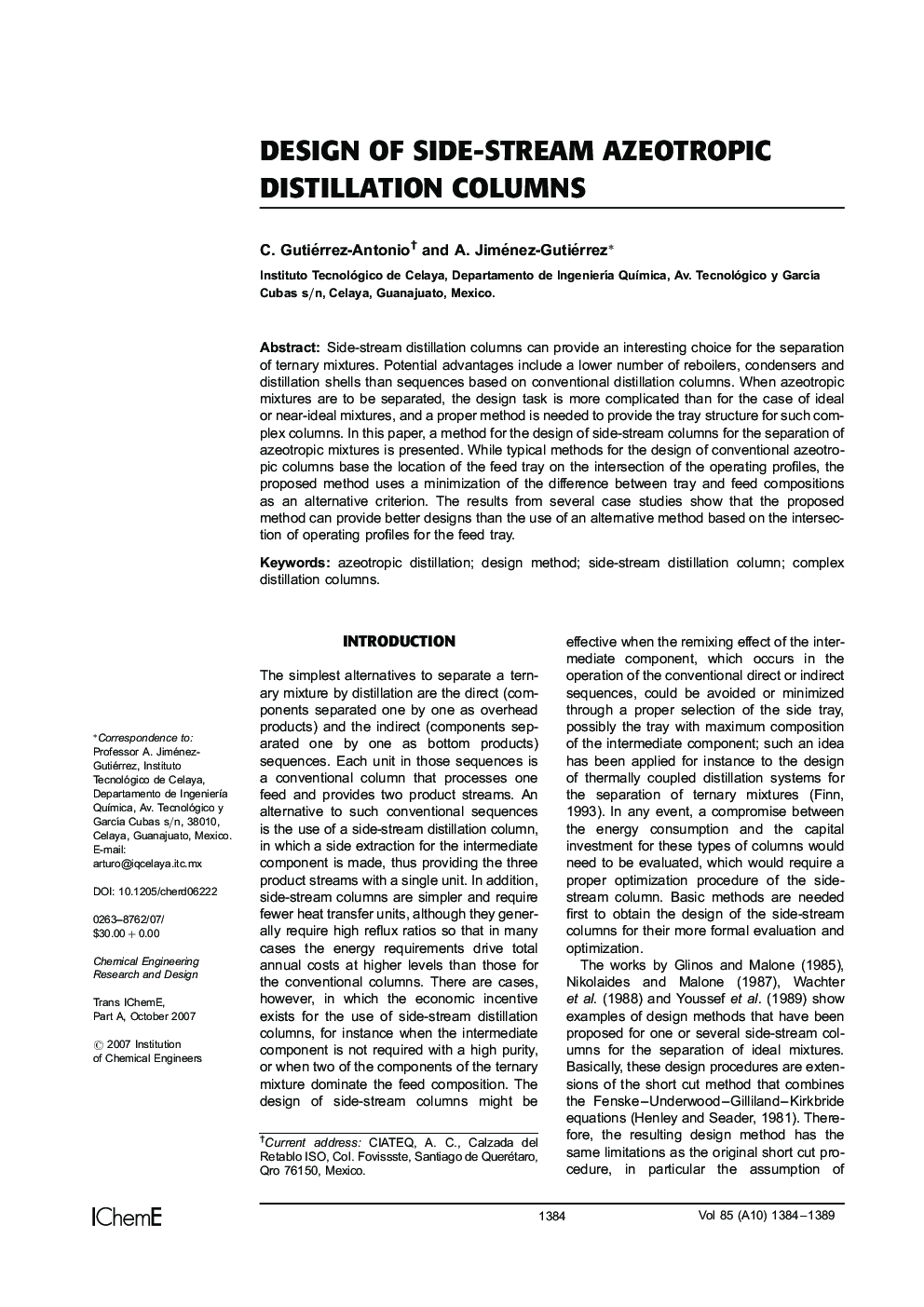 Design of Side-Stream Azeotropic Distillation Columns