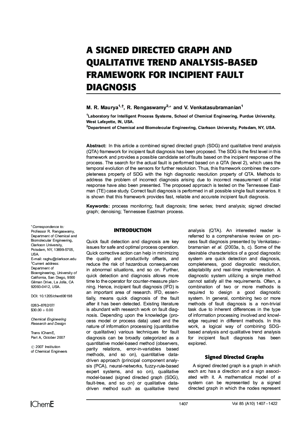 A Signed Directed Graph and Qualitative Trend Analysis-Based Framework for Incipient Fault Diagnosis