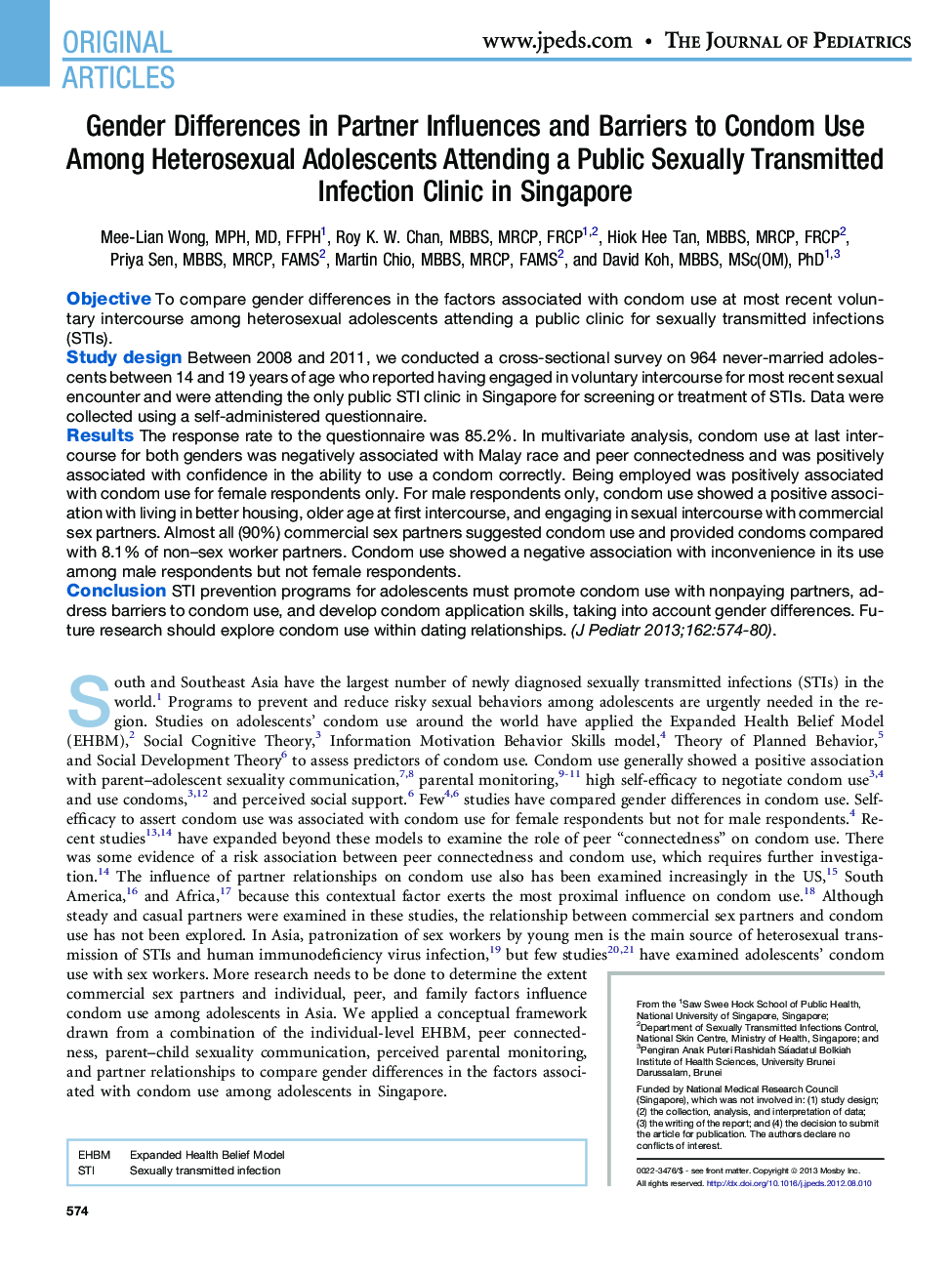 Gender Differences in Partner Influences and Barriers to Condom Use Among Heterosexual Adolescents Attending a Public Sexually Transmitted Infection Clinic in Singapore