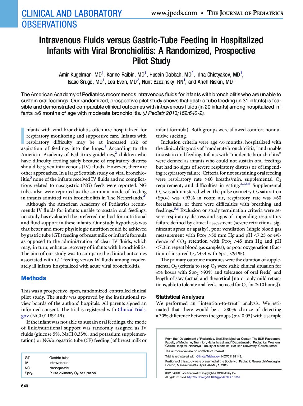 Intravenous Fluids versus Gastric-Tube Feeding in Hospitalized Infants with Viral Bronchiolitis: A Randomized, Prospective Pilot Study