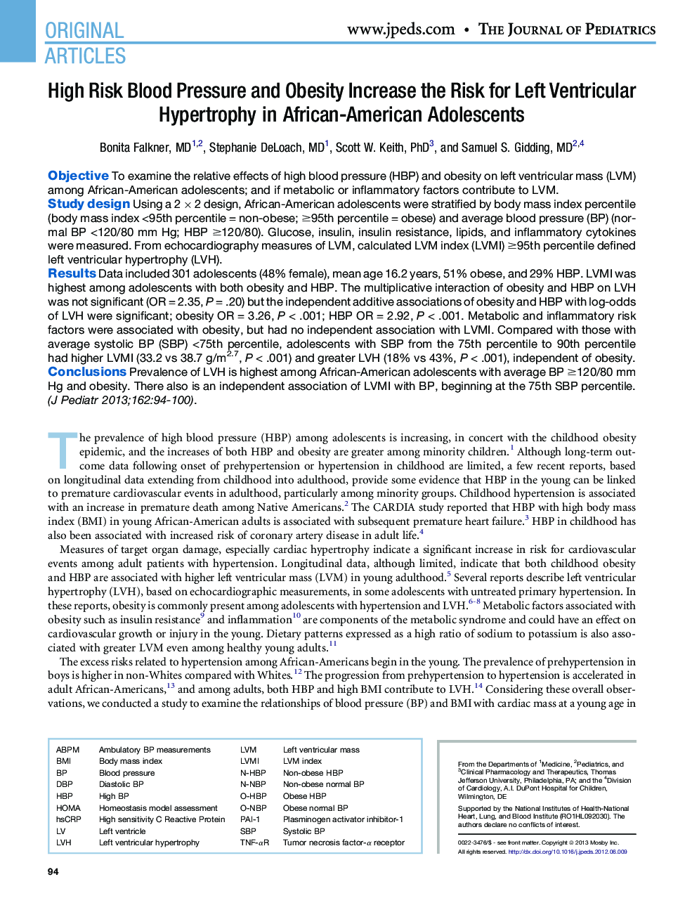 High Risk Blood Pressure and Obesity Increase the Risk for Left Ventricular Hypertrophy in African-American Adolescents