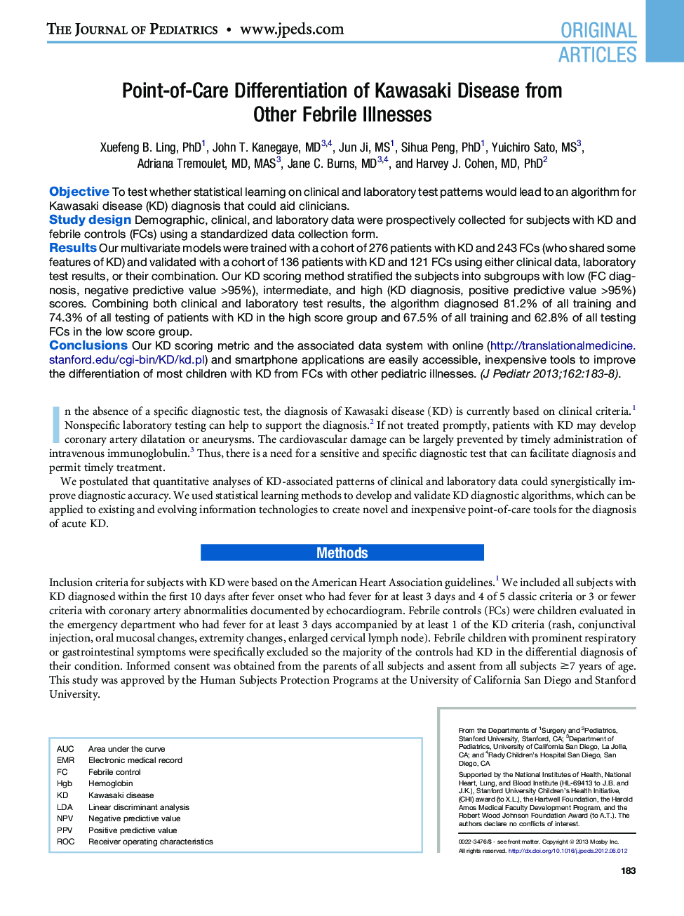 Point-of-Care Differentiation of Kawasaki Disease from Other Febrile Illnesses