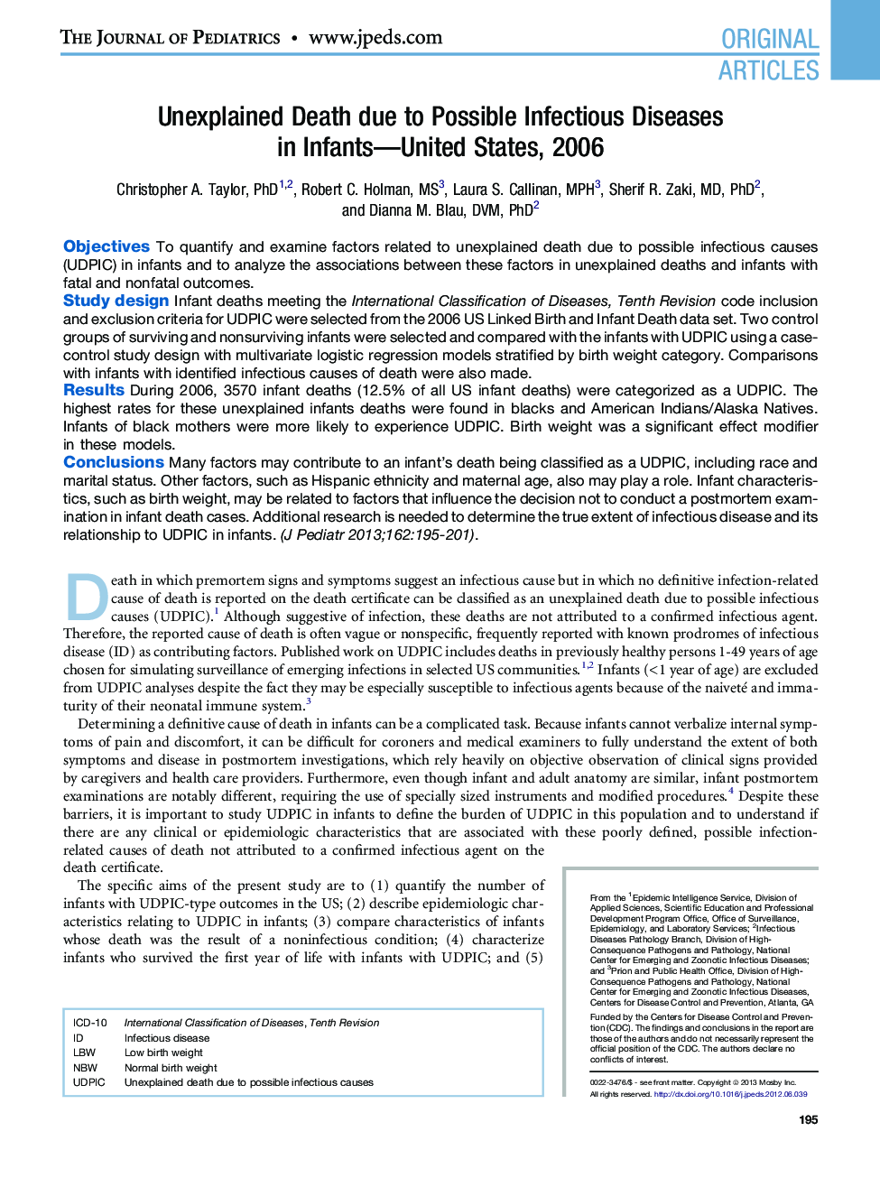 Unexplained Death due to Possible Infectious Diseases in Infants-United States, 2006