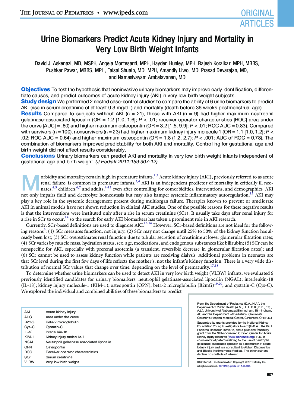 Urine Biomarkers Predict Acute Kidney Injury and Mortality in Very Low Birth Weight Infants