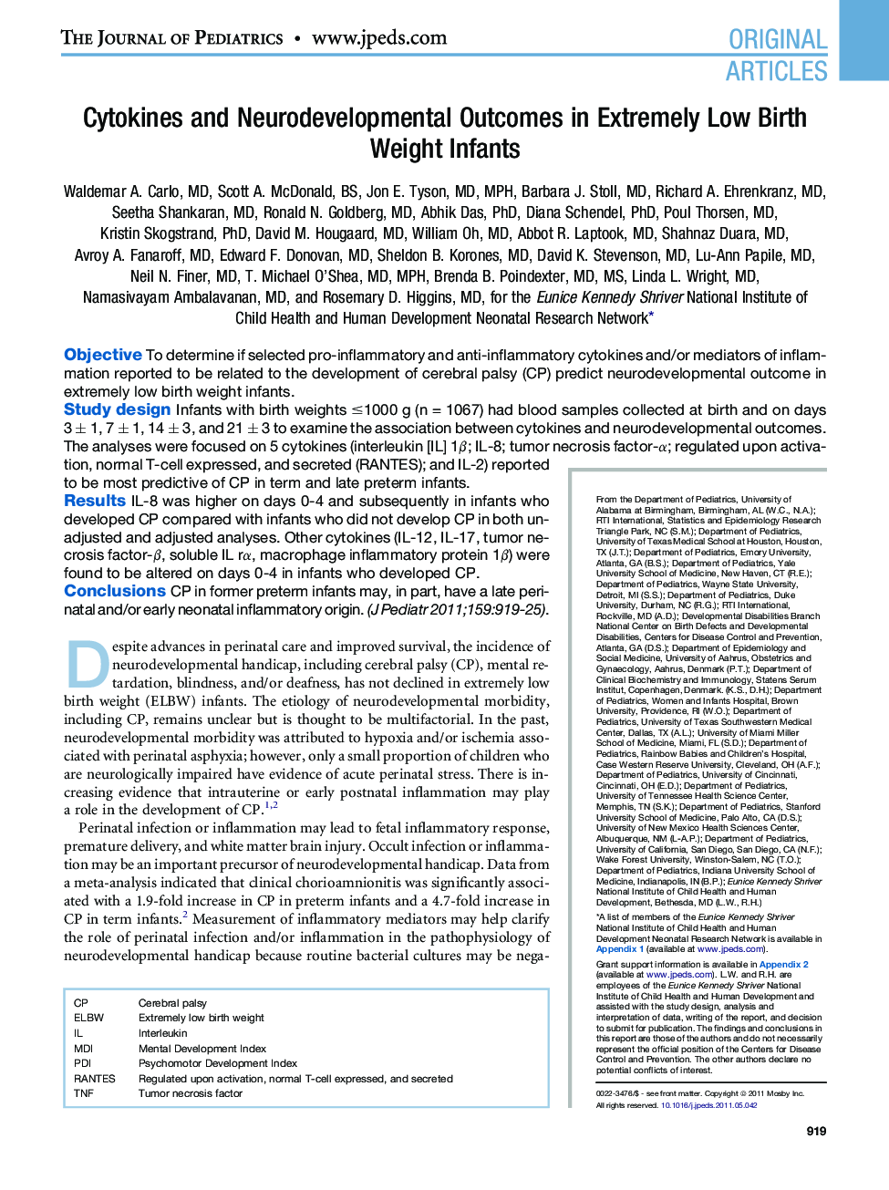 Cytokines and Neurodevelopmental Outcomes in Extremely Low Birth Weight Infants