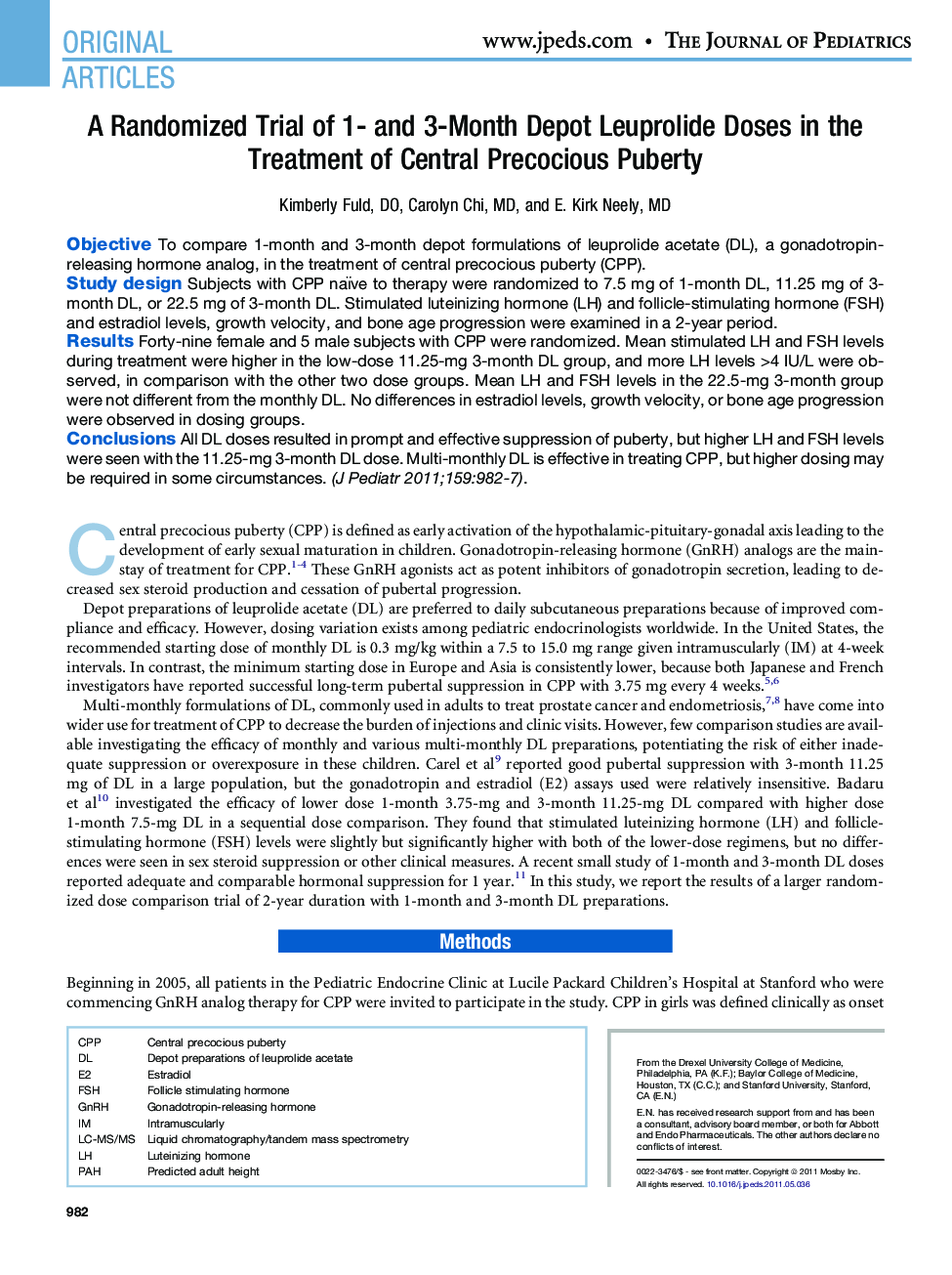 A Randomized Trial of 1- and 3-Month Depot Leuprolide Doses in the Treatment of Central Precocious Puberty