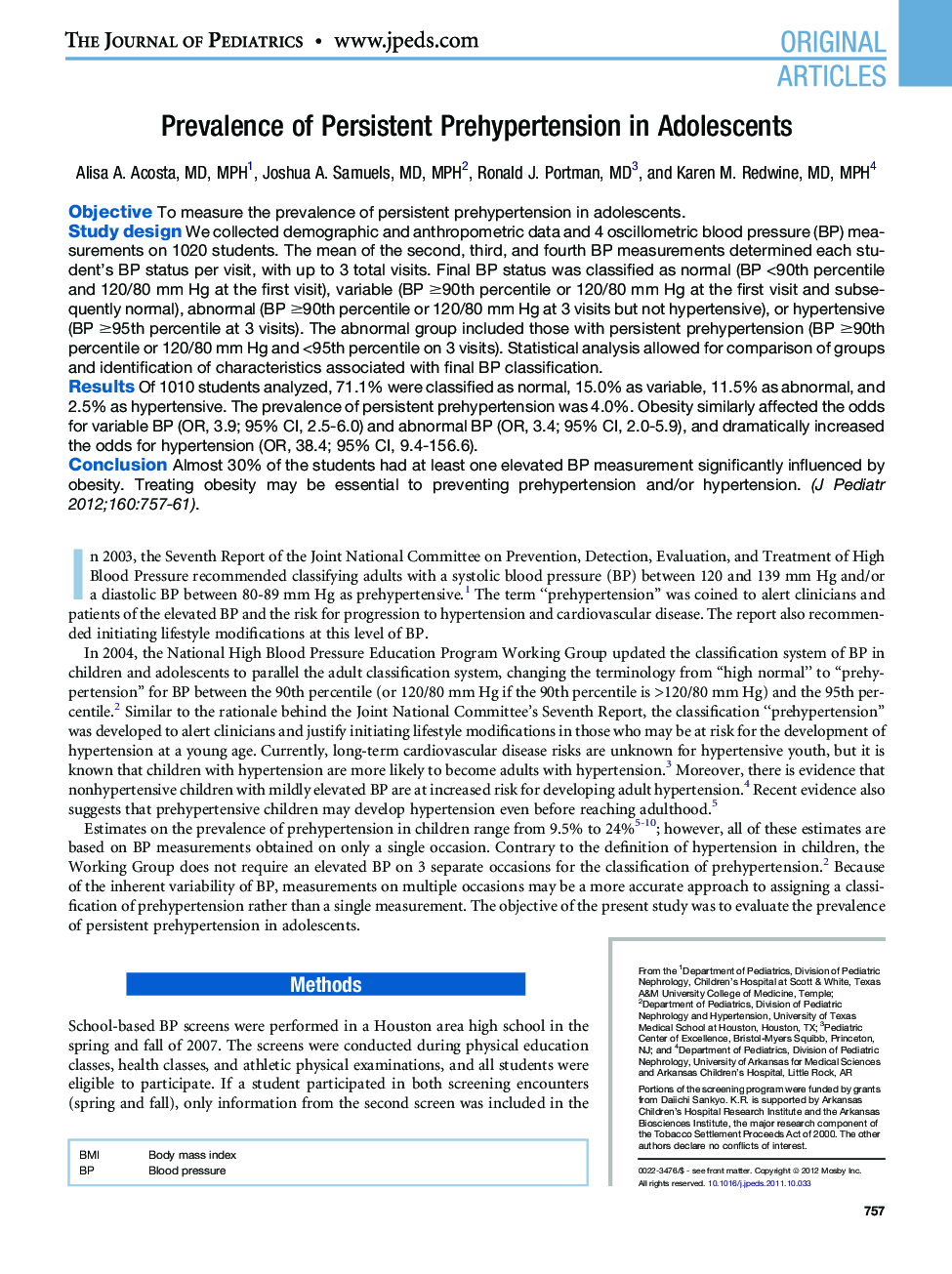 عکس صفحه اول مقاله: Prevalence of Persistent Prehypertension in Adolescents Prevalence of Persistent Prehypertension in Adolescents