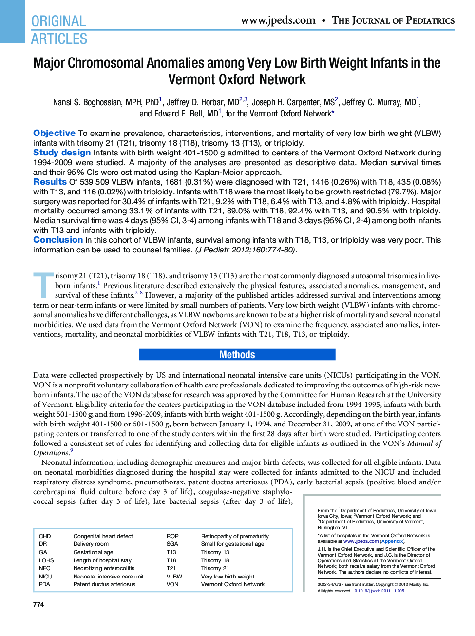 Major Chromosomal Anomalies among Very Low Birth Weight Infants in the Vermont Oxford Network