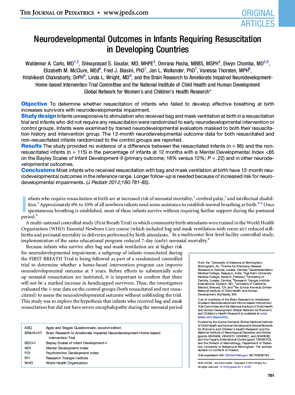 Neurodevelopmental Outcomes in Infants Requiring Resuscitation in Developing Countries