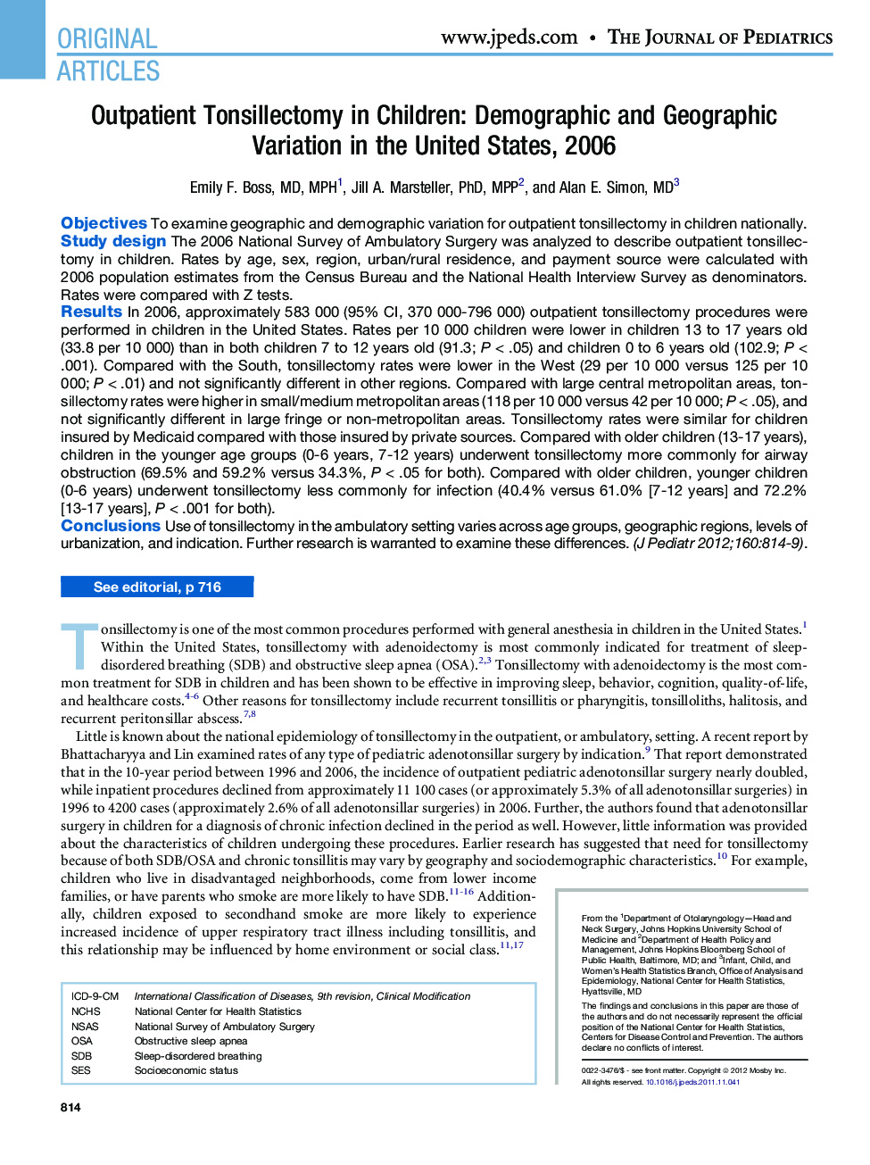 Outpatient Tonsillectomy in Children: Demographic and Geographic Variation in the United States, 2006