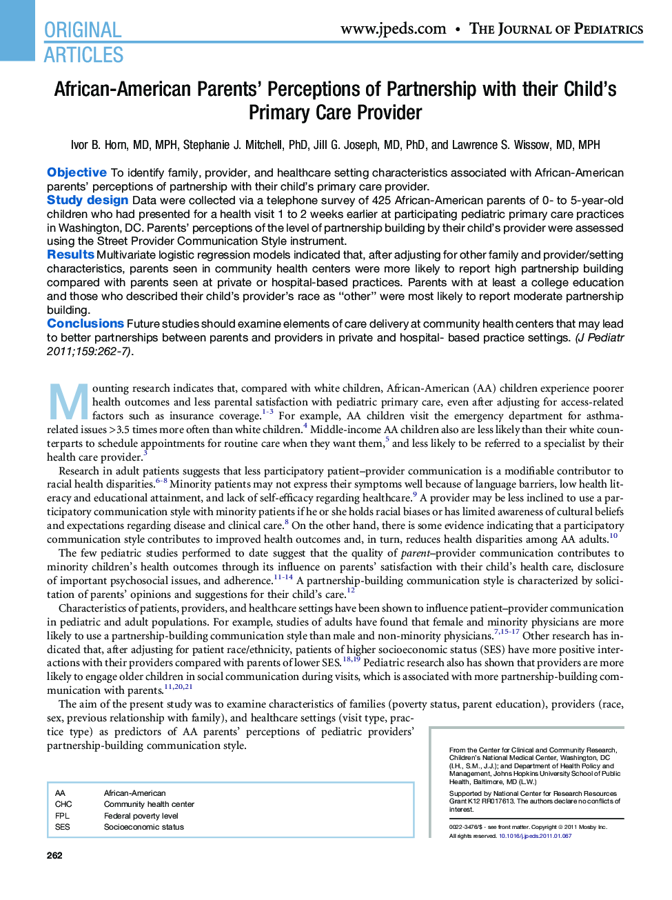 African-American Parents' Perceptions of Partnership with their Child's Primary Care Provider