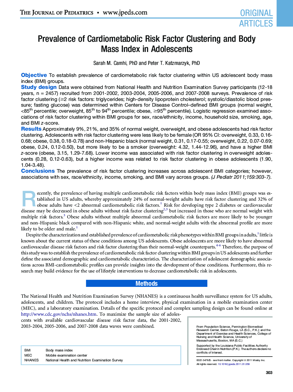 Prevalence of Cardiometabolic Risk Factor Clustering and Body Mass Index in Adolescents