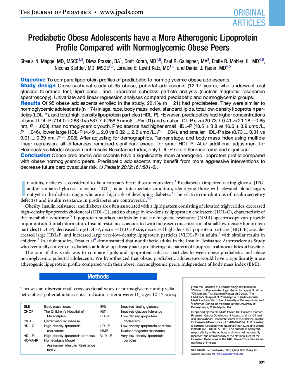 Prediabetic Obese Adolescents have a More Atherogenic Lipoprotein Profile Compared with Normoglycemic Obese Peers