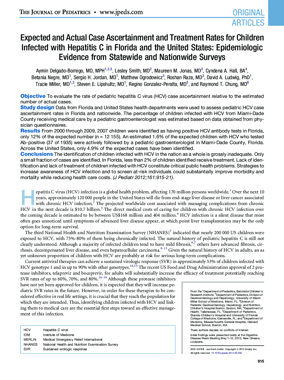 Expected and Actual Case Ascertainment and Treatment Rates for Children Infected with Hepatitis C in Florida and the United States: Epidemiologic Evidence from Statewide and Nationwide Surveys