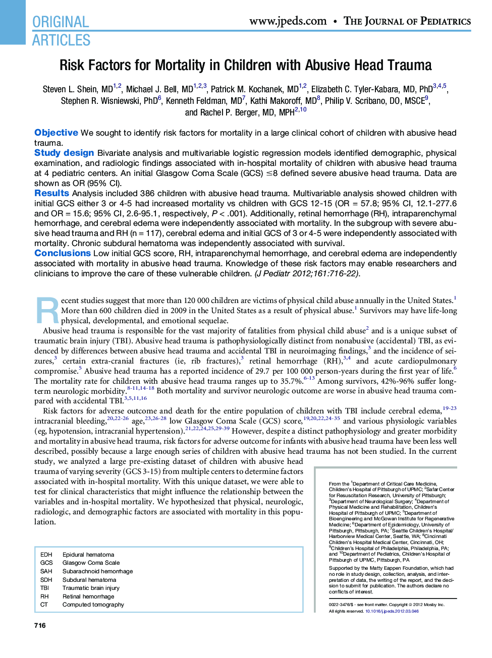 Risk Factors for Mortality in Children with Abusive Head Trauma