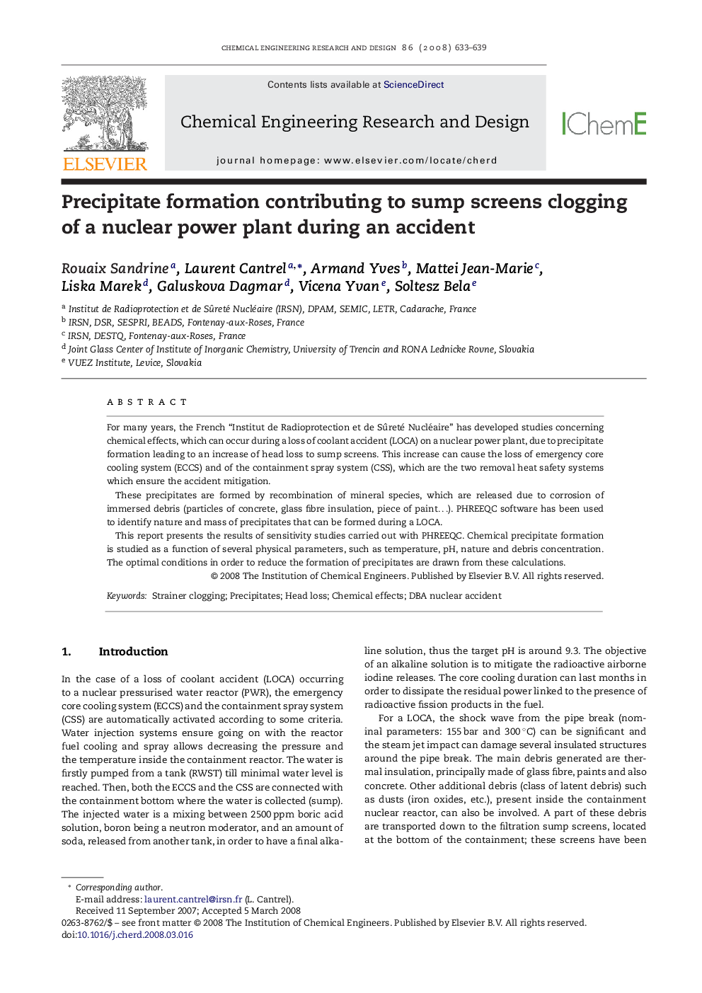 Precipitate formation contributing to sump screens clogging of a nuclear power plant during an accident