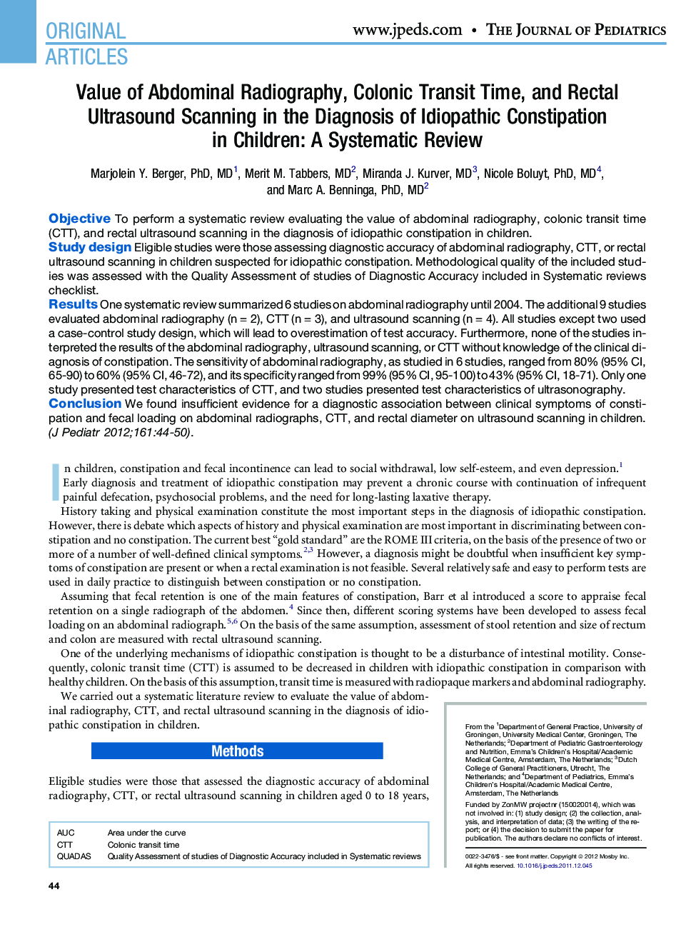 Value of Abdominal Radiography, Colonic Transit Time, and Rectal Ultrasound Scanning in the Diagnosis of Idiopathic Constipation in Children: A Systematic Review