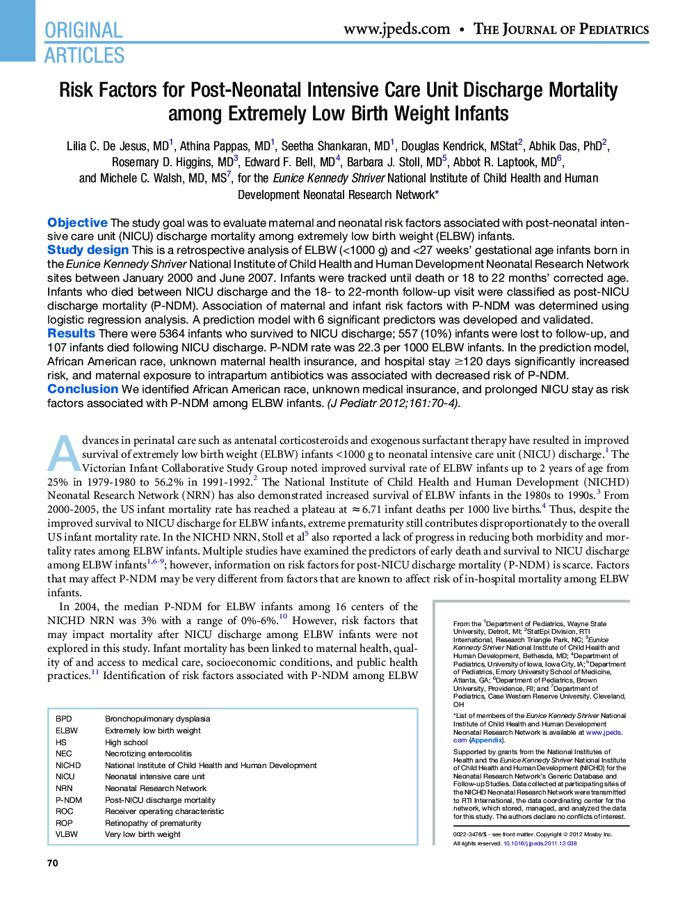 Risk Factors for Post-Neonatal Intensive Care Unit Discharge Mortality among Extremely Low Birth Weight Infants